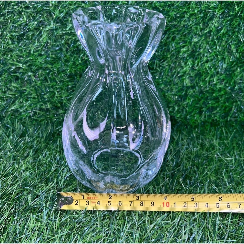 Clear Glass Drawstring Bag Pouch Vase Ruffled Rim Ribbed Texture 7in - Picture 12 of 14